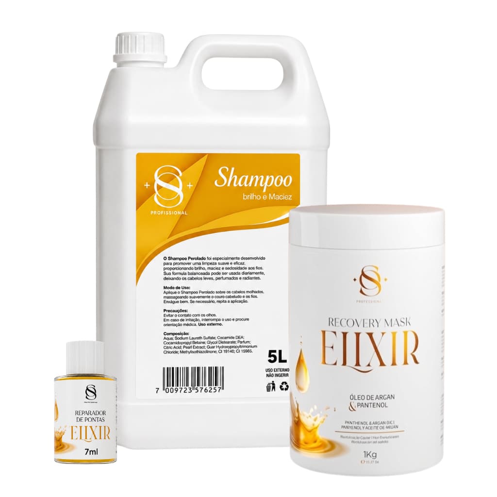 SHAMPOO PEROLADO 5L + MÁSCARA HIDRATANTE ELIXIR 1KG + BRINDE ÓLEO REPARADOR 7ML - S&O PROFESSIONAL