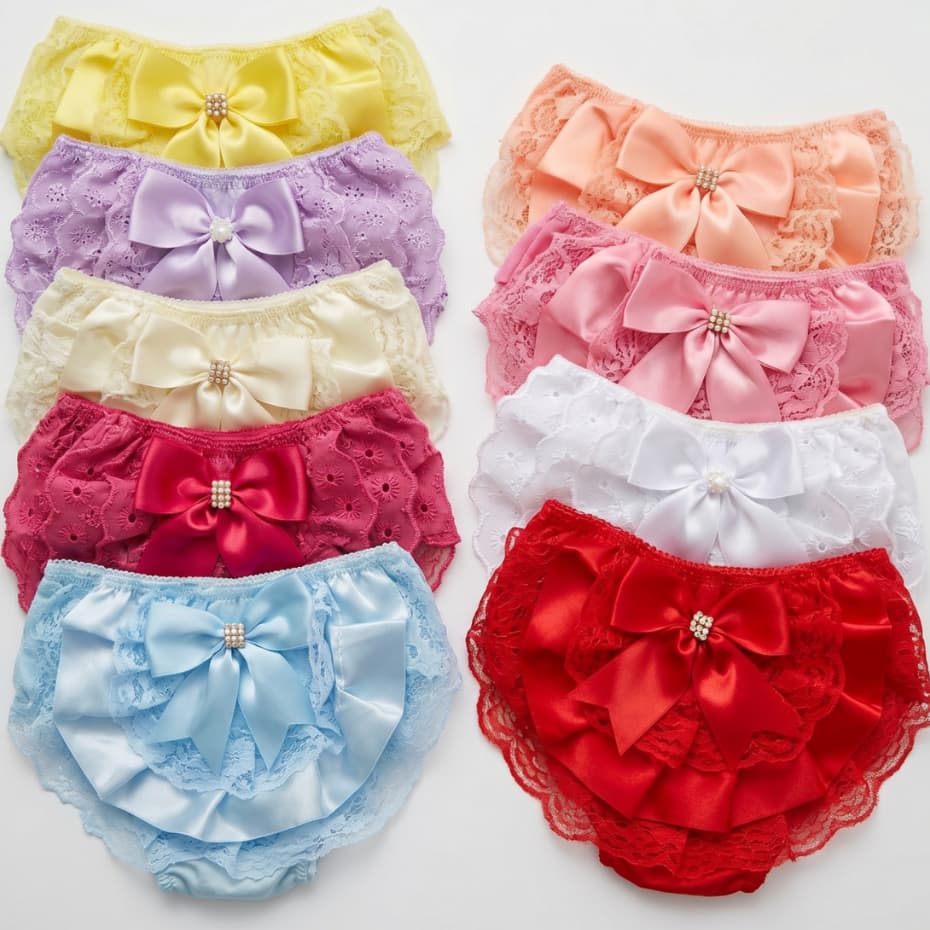 Kit 10 Calcinha Infantil Para Menina Criança E Bebê Kids Capa/Tapa Fralda Bunda Rica Renda Com Laço De Fita Com Babado