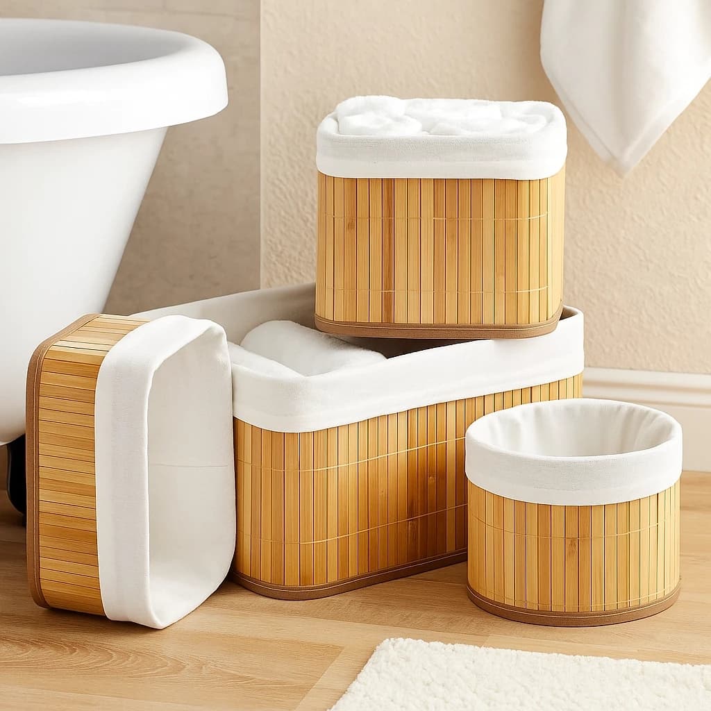 Conjunto 4 Cestos Organizadores Bambu Natural Multiuso Casa Banheiro Escritório Decoração