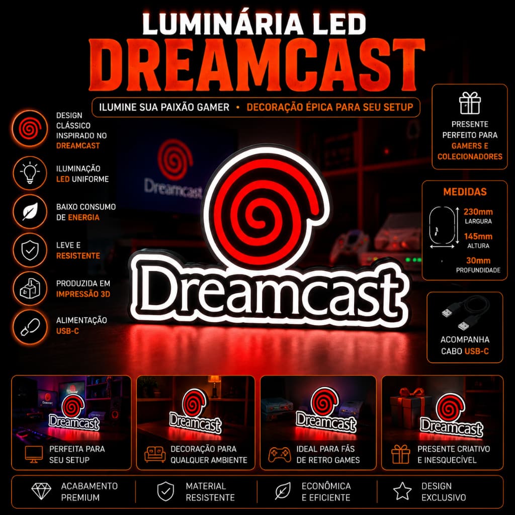Luminária LED Dreamcast USB-C | Decoração Gamer Retrô Sega | Impressão 3DLuminária LED Dreamcast USB-C | Decoração 22cm