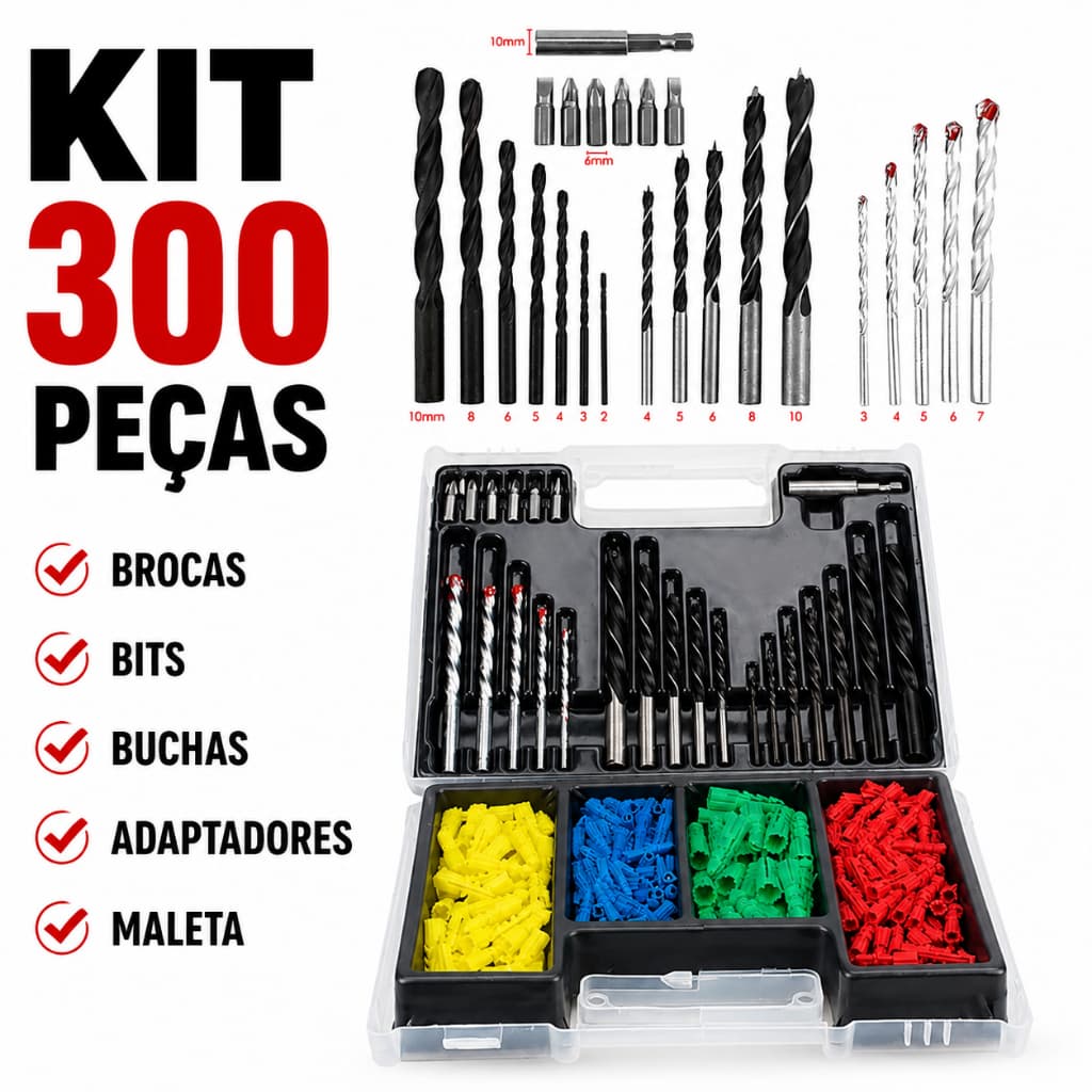 Kit 300 Peças de Brocas Bits e Buchas Para Furadeira E Parafusadeira