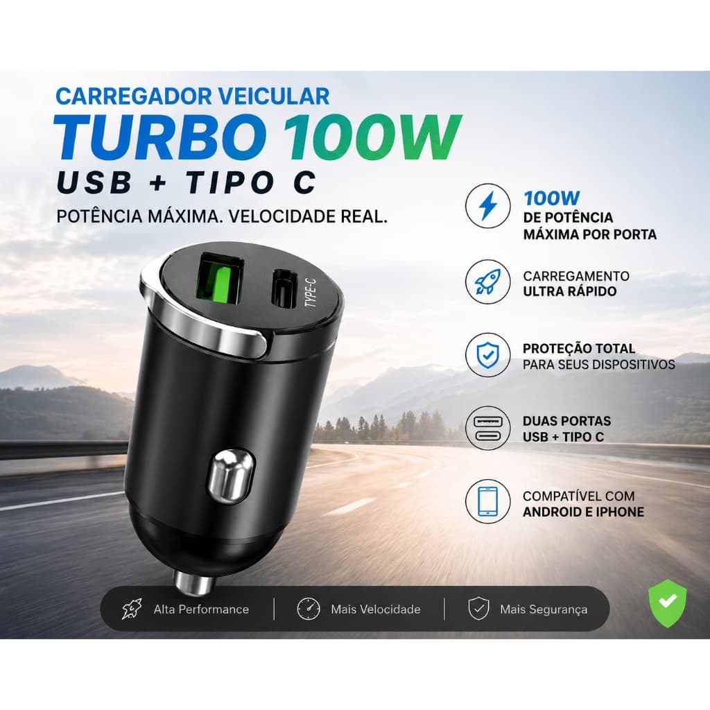 Mini Carregador Veicular Turbo 100W USB + Tipo C Carregamento Rápido. Encaixa em isqueiro