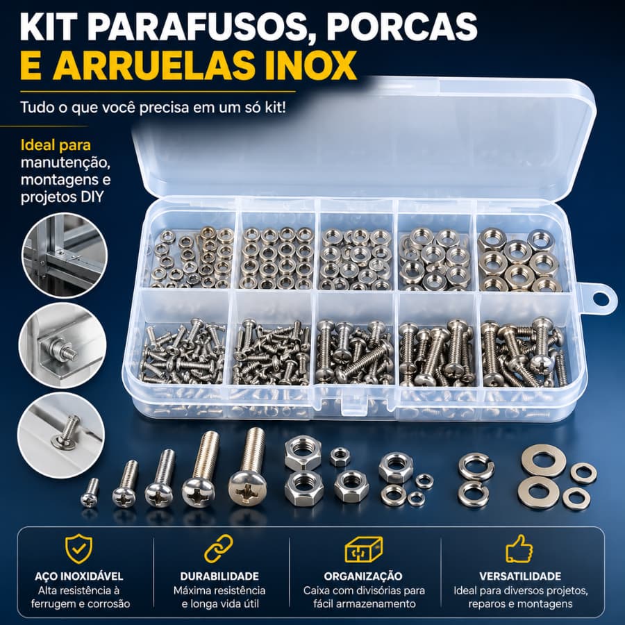 Kit Reparo E Montagem 380 Peças Aço Inox SS304 Parafusos Porcas Arruelas Completo