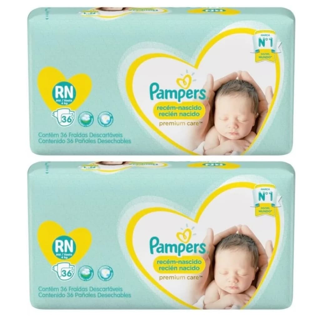 Kit 2ptes Fralda Pampers RN Premiun Care 36un até 4kg AB.2