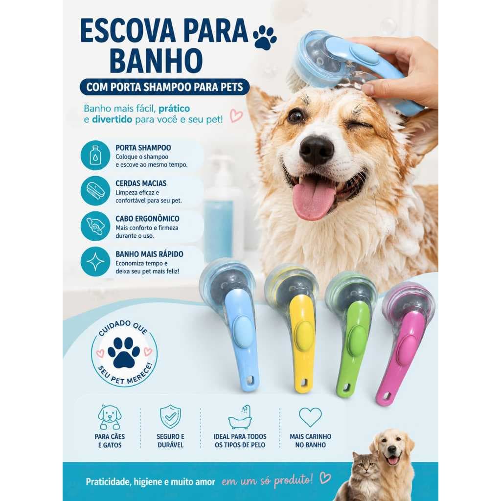 Escova para Banho Pet Cães e Gatos com Dispenser Porta Shampoo Massageadora Cerdas Macias Ergonômica.
