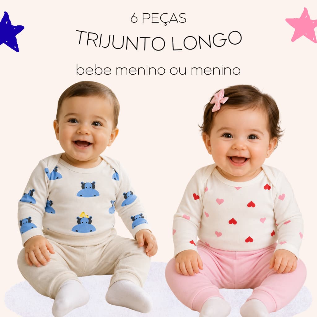 Kit 6 Peças Roupa de Bebê Body Bebê Manga Longa e Calça Algodão Enxoval Infantil