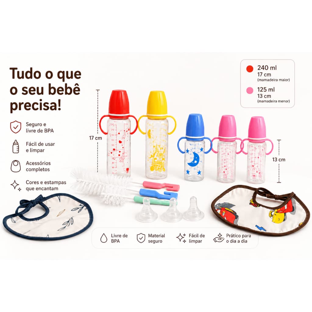 Kit Mamadeira 4 Peças para Bebê 2 Mamadeiras Babador Escova Limpadora Prático e Completo