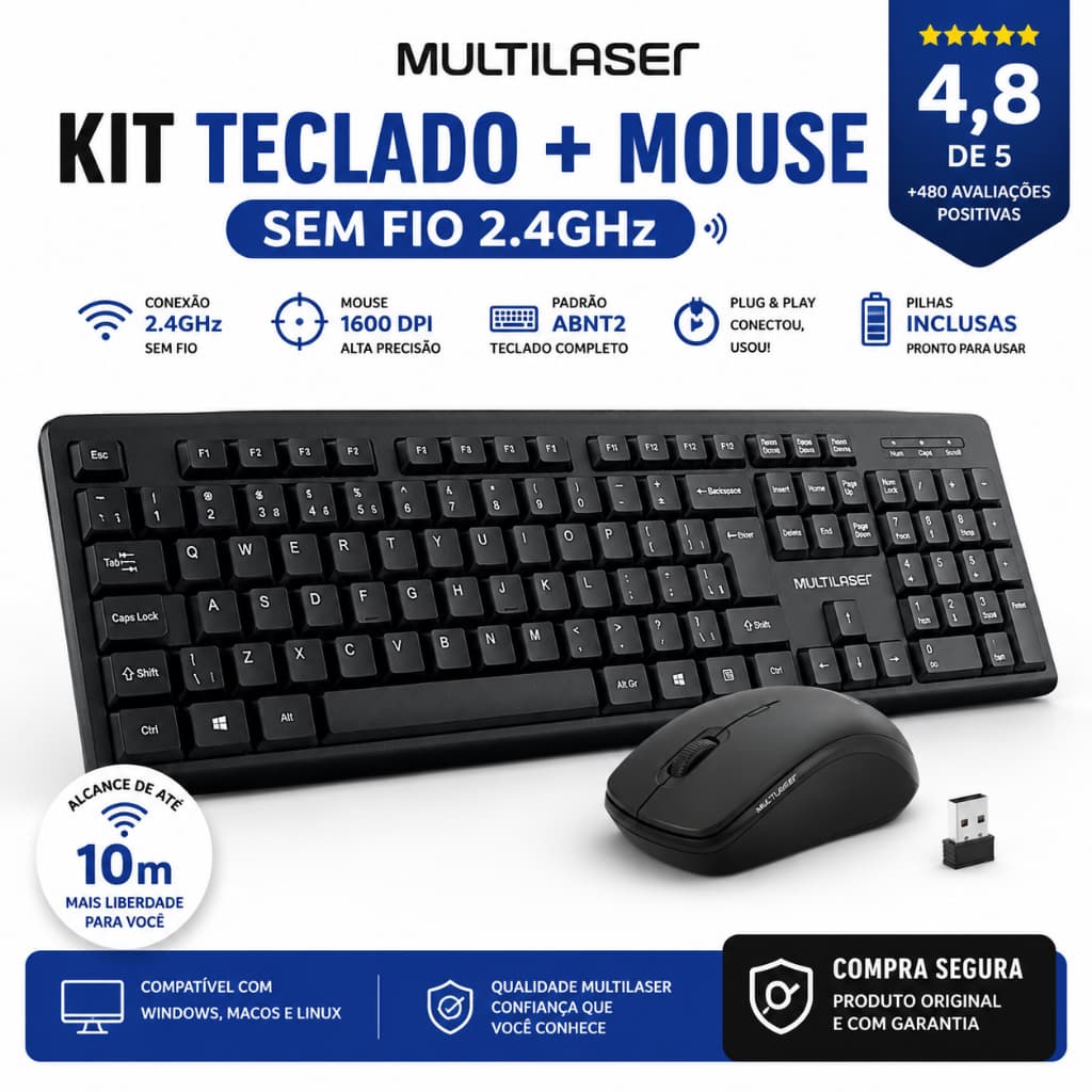 Kit Teclado e Mouse Multilaser Portátil 2.4ghz Sem Fio Wireless Pc Teclas Macias TC269 *ENVIO NO MESMO DIA UTIL*