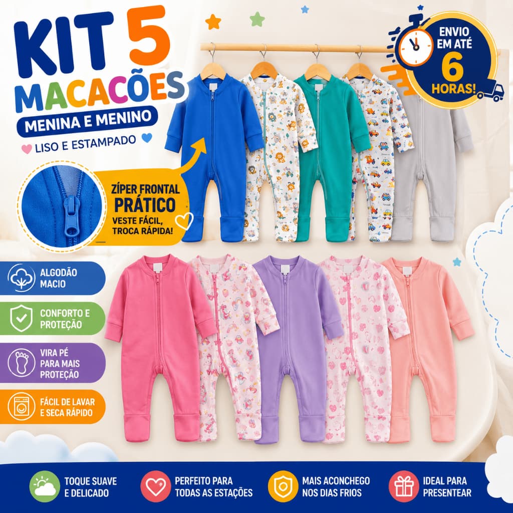 Kit 5 Macacão Bebê Ziper Menino Menina Algodão Vira Pé Inverno Enxoval Macio Inverno