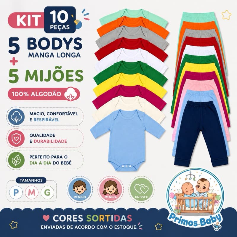 Kit body Bebê Manga Longa e Mijão 10 Peças recém nascido roupa bebê Menina/Menino/Unissex Barato Confortável e Durável