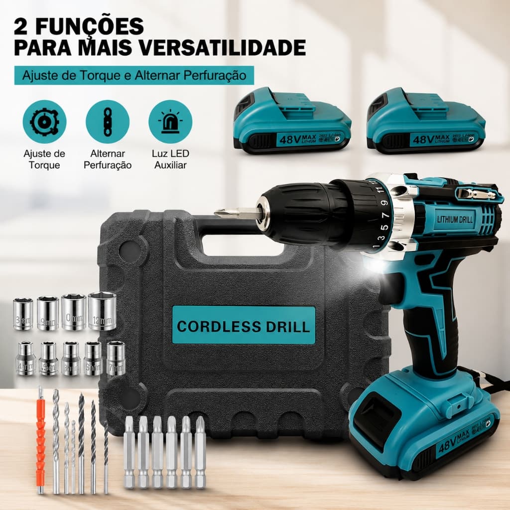 Parafusadeira Furadeira Sem Fio | Duas Baterias com Luz Auxiliar LED | Modelo com Maleta Completa de Acessórios