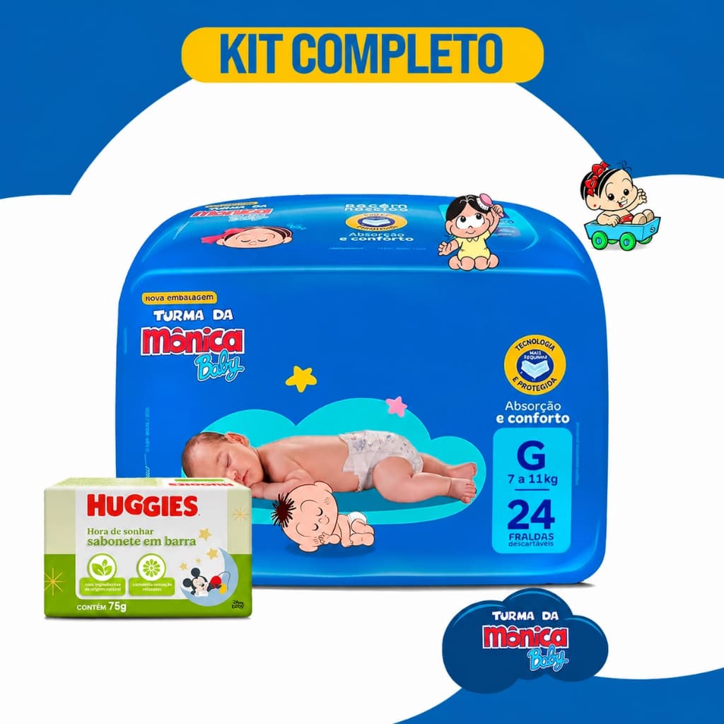 kit chá de bebê 4 pacote de fralda descartável turma da Mônica G + sabonete huggies