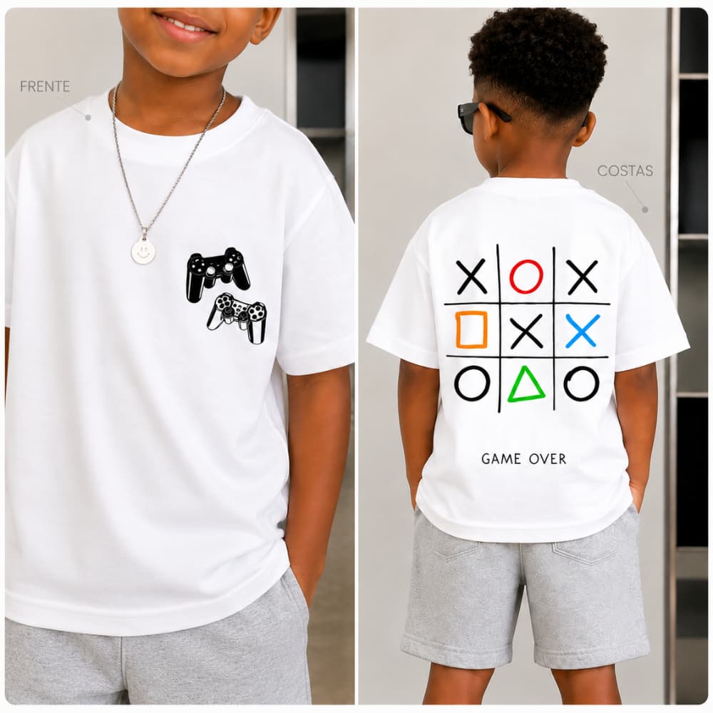 Camiseta Infantil Estampada Video Game Controle Game Over Meninos e Meninas Tam 02 ao 14 Meninos e M