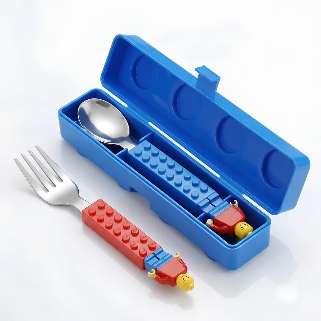 jogo de talheres infantil colher + garfo aço inox lego bloco de montar c/estojo Hermético