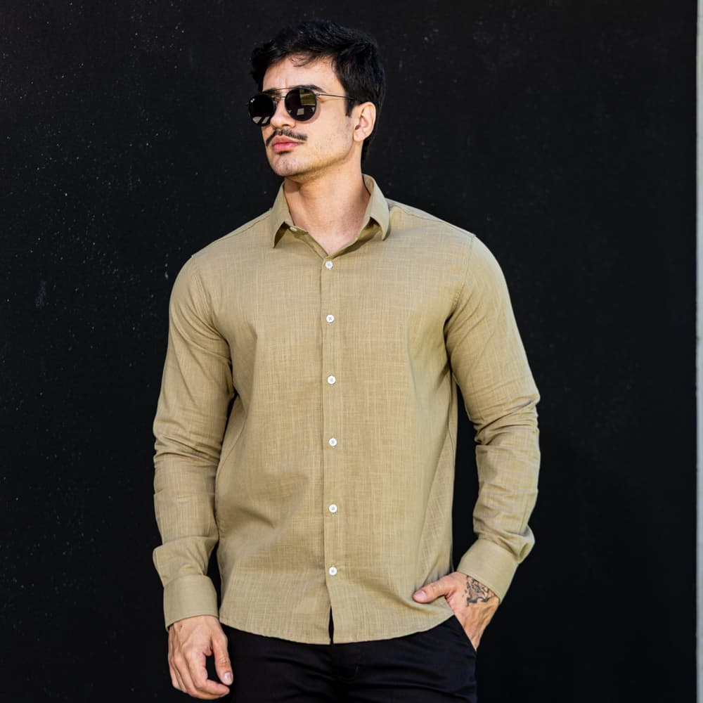 Camisa Social Masculina Manga Longa Linho Slim Fit Social Premium