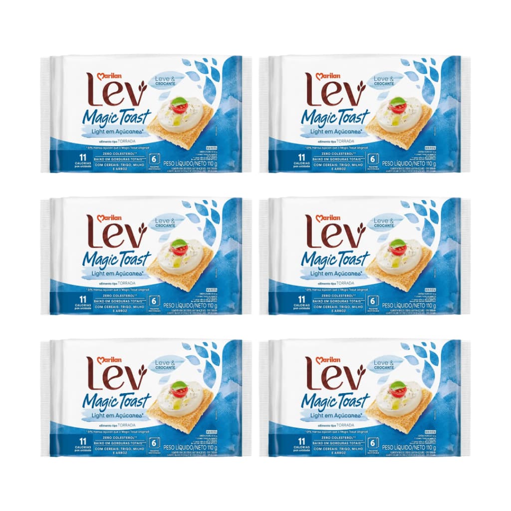Kit 6 Torrada Lev Magic Toast Com Cereais Marilan 110g Fibras Café Da Manhã Saudável Crocante
