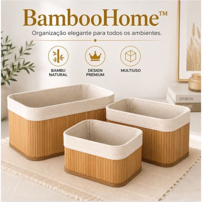 Conjunto Cestos Organizador Multiuso Bambu Ecologico Duravel Sala Cozinha Escritório