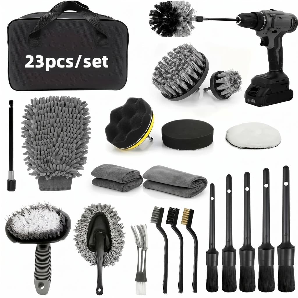 Conjunto de 23 peças de escovas de carro cinza, kit de esfregão para lavar carro, ferramenta de limpeza de carro multifu