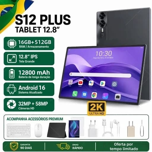 【Teclado mouse e case grátis】Tablet S12 Plus 12.8" 16GB RAM+ 512GB ROM Android 16 | Tela 2K Ultra HD | Bateria 12800mAh