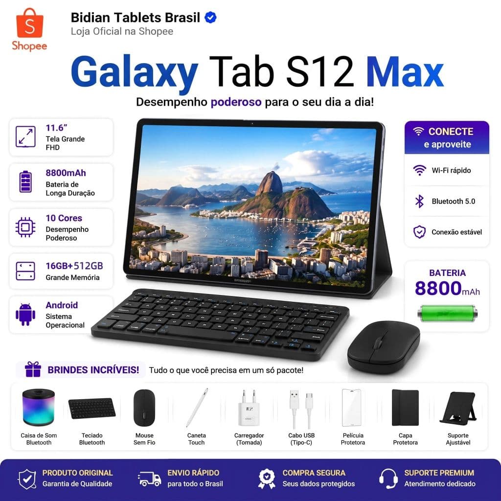 Galaxy S12 Max Combo com Teclado e Mouse - 11,6" polegadas 16GB + 512GB Android 8800mAh Ideal para Estudos e Jogos