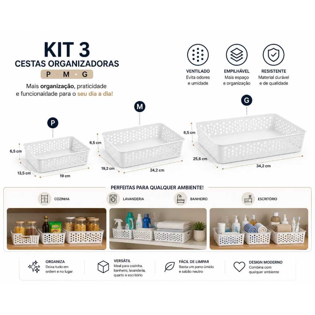 Kit 3 Cestos Organizadores Multiuso Usual P, M e G | Organizador para Cozinha, Lavanderia, Banheiro e Armários