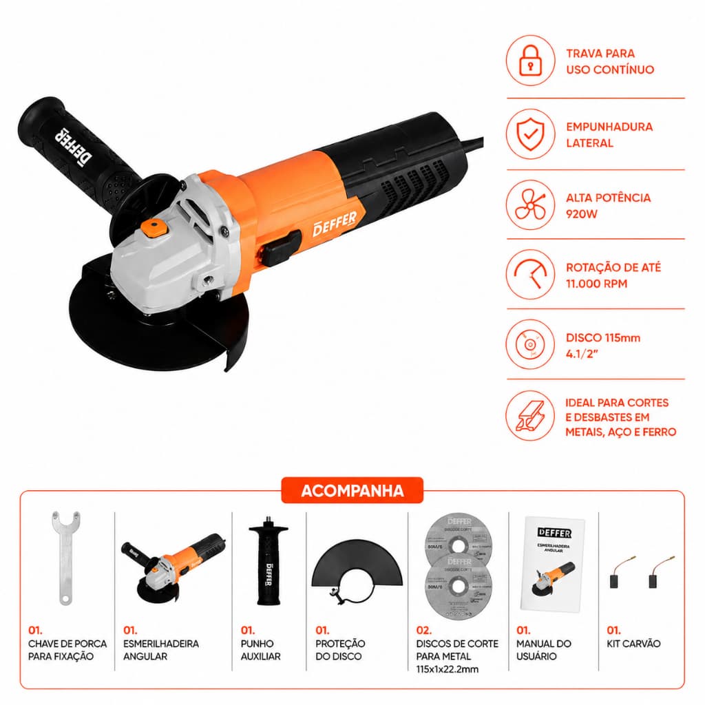 Esmerilhadeira e Lixadeira Profissional 920w + Kit de Discos P/ Metal e Acessórios - DEFFER