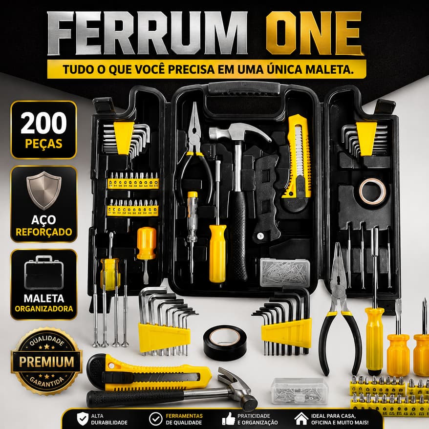 Kit Ferramentas Completo 200 Peças Profissional com Maleta Organizadora Aço Reforçado Ferrum One