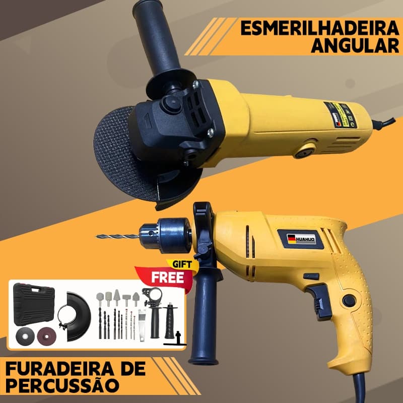 110V/220V Kit Furadeira de Impacto 100mm e Esmerilhadeira Angular e caixa plástica Com Acessórios gratuitos promocional