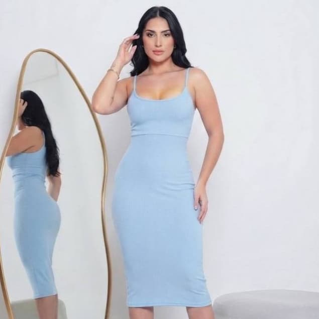 Vestido Feminino Midi Canelado - Elegância e Conforto em um Único Vestido, Coladinho Azul