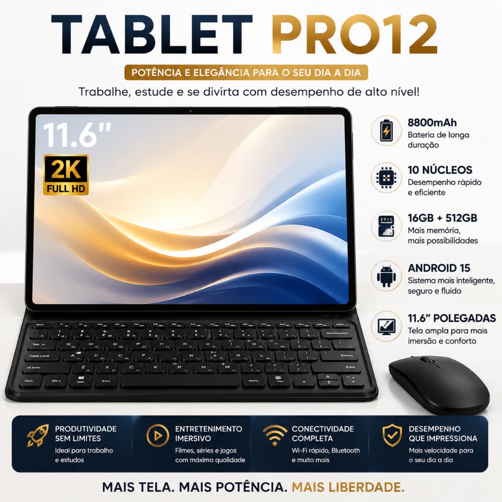 [Teclado e mouse grátis] Pro12 Tablet Android tablet 11,6 polegadas 16GB + 512GB 8800mAh bateria dual SIM 5G