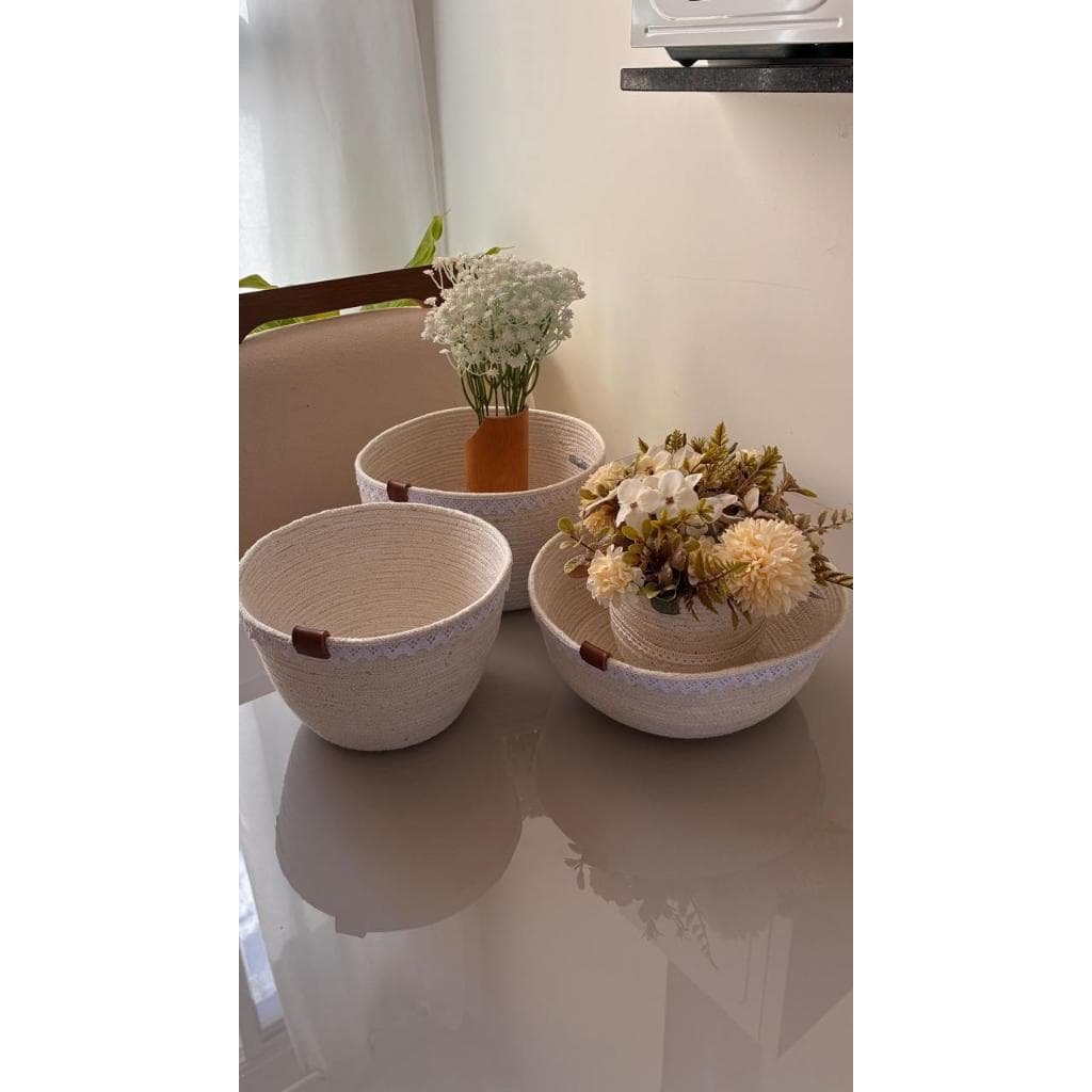 Kit 3 Cestos Organizadores de Corda de Algodão Artesanal Multiuso para Lavabo Banheiro Decoração