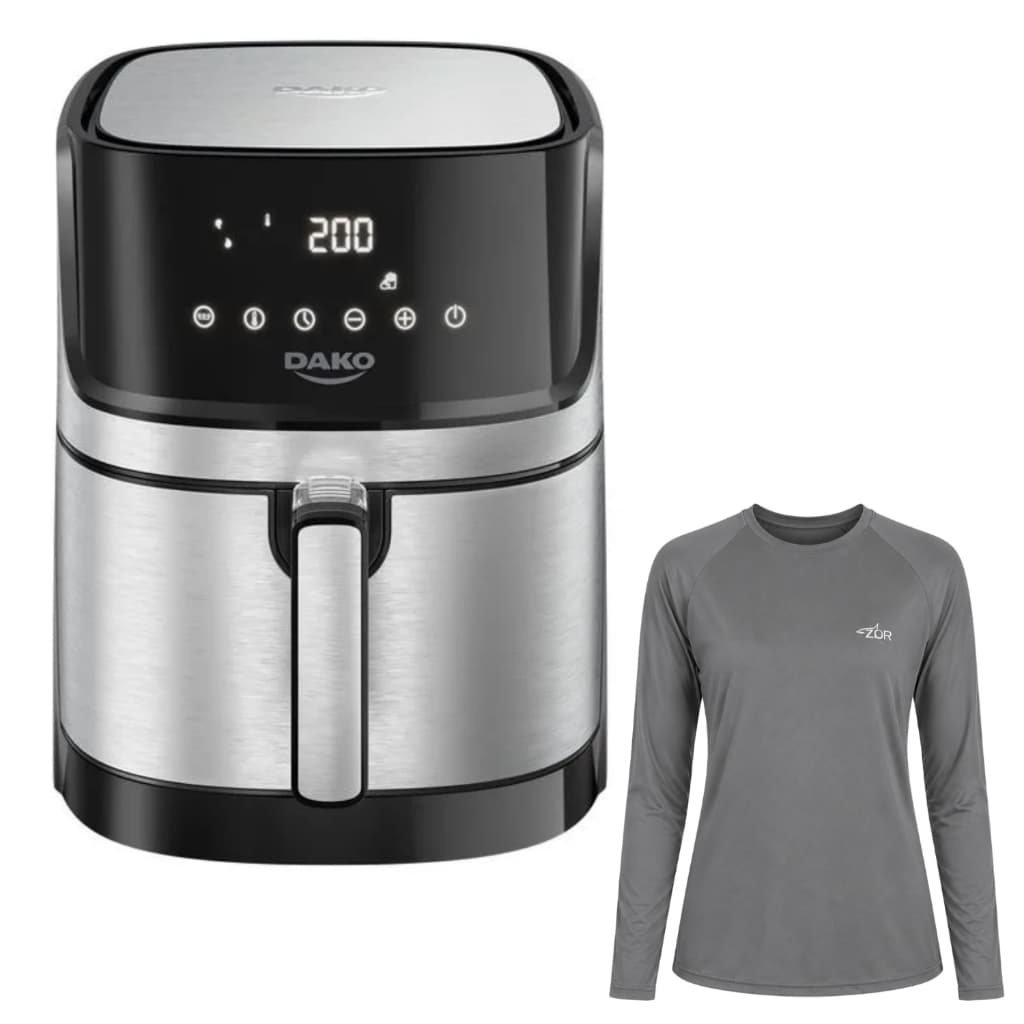 Kit Air Fryer Dako Digital 5L 127V Touch 1700W + Camiseta Raglan Zor Feminina Cinza Aço Manga Longa