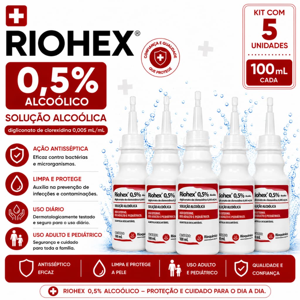 Clorexidina 0,5% Riohex Solução Alcoolica 100ml C/5 Unidades - Rioquímica