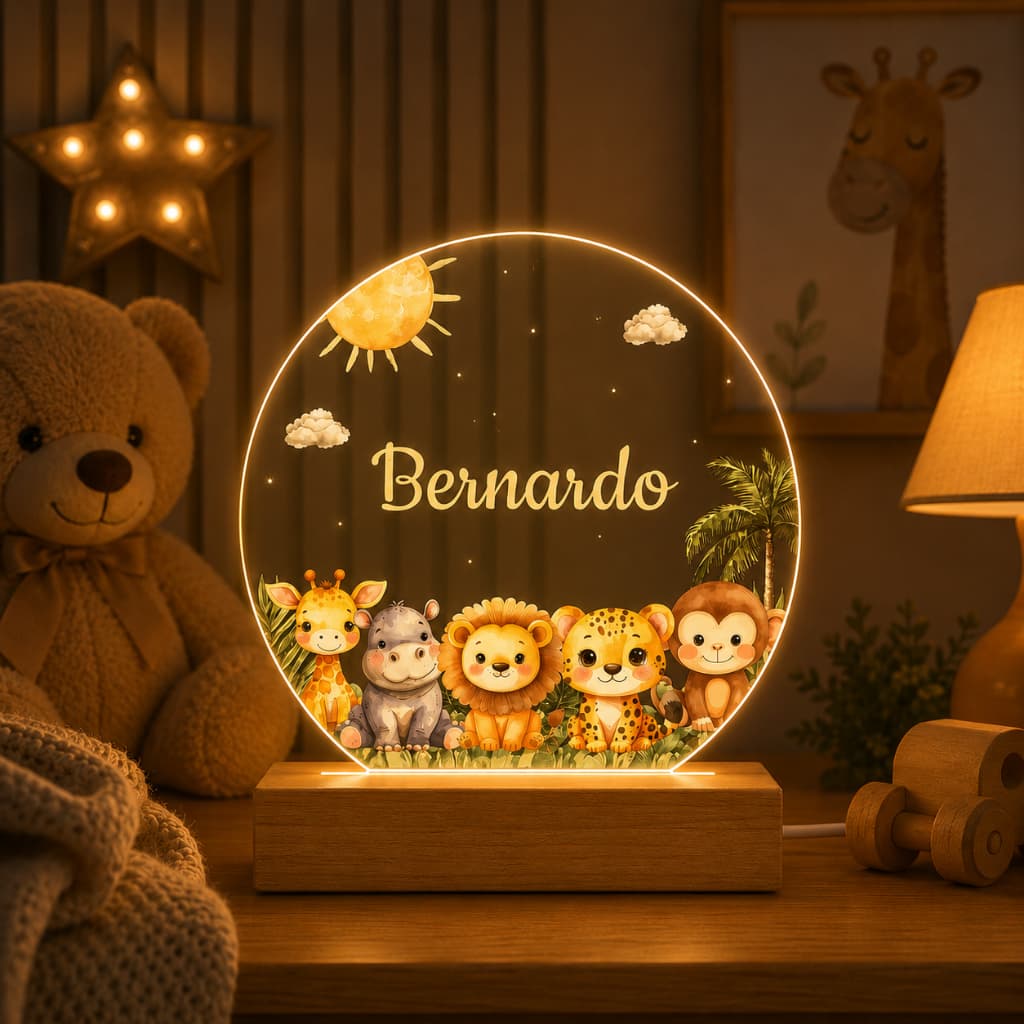 Luminária Leão Safari Selva Personalizada com Nome, Abajur LED Acrílico Colorido, Quarto Infantil Menino, Presente
