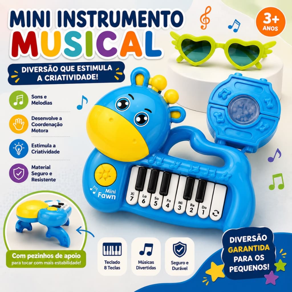 Mini Piano com Oculos Brinquedo Instrumento Infantil Musical Brinquedo Educativo Divertido Toca Musica Som Presente