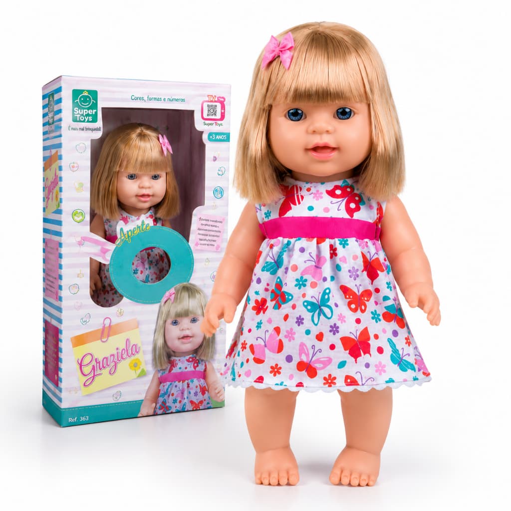 Boneca Graziela Interativa Fala Frases Cores e Formas 31cm Articulada Com Roupinha Super Toys