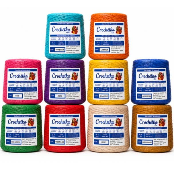 Kit 10 Cones Barbantes Crochétka 1kg Para Crochê - Qualidade E Maciez - fio 6 ou fio 8