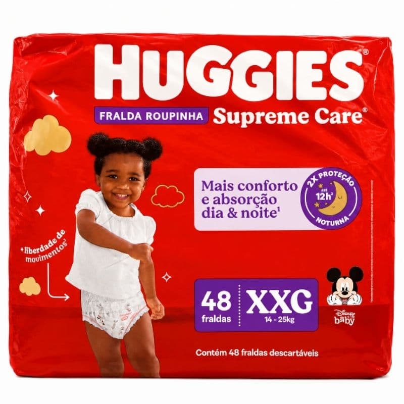 Fralda Roupinha Huggies Supreme Care XXG 48 Unidades Calça Descartável Unissex 14 a 25kg Proteção Noturna Até 12h