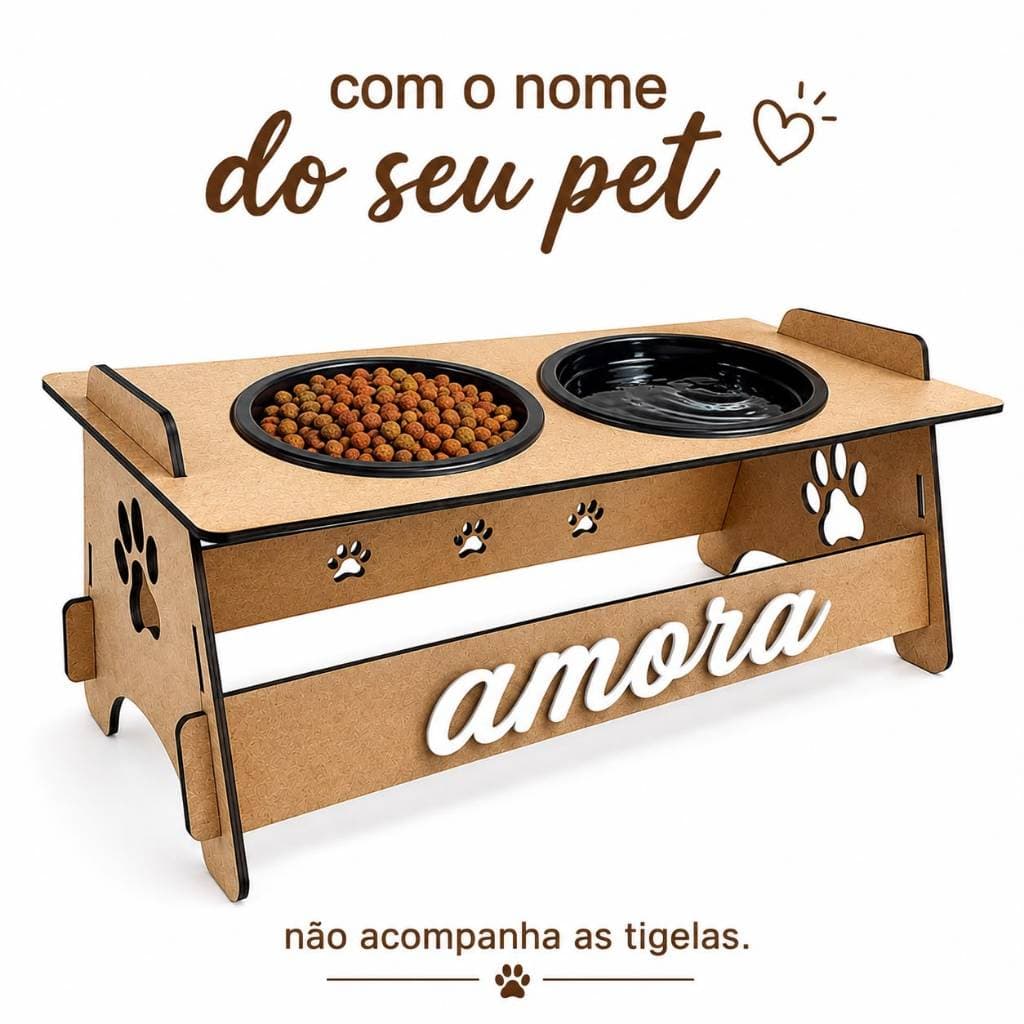 Comedouro Bebedouro Nome PERSONALIZADO para Pets Elevado Em MDF Suspenso Gato Cachorro Para Agua e Raçao