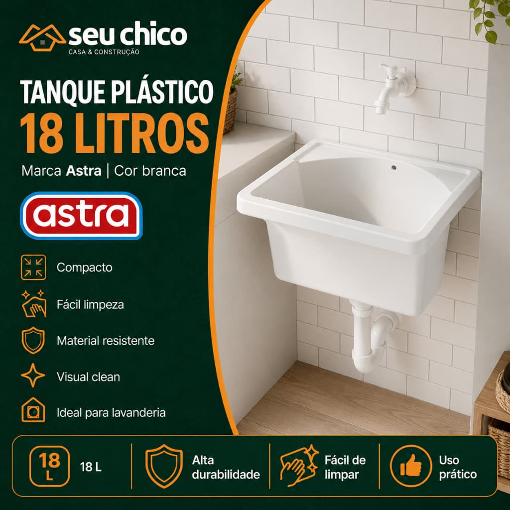 Tanque 18L Astra Branco Kit Instalação Completo Válvula e Sifão Pia Lavanderia Lava Roupa Reforçado
