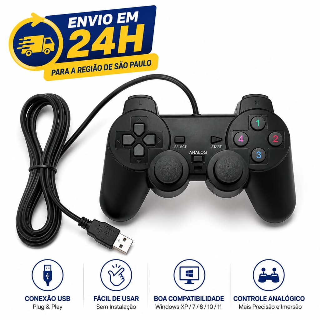 Controle USB para PC e Notebook Joystick Gamer Analógico Plug and Play com Fio