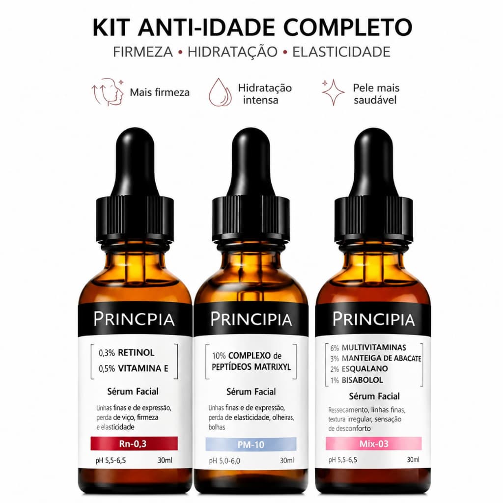 Kit 3 Séruns Faciais Anti-Idade Retinol, Peptídeos e Vitaminas – Firmeza, Hidratação e Elasticidade da Pele