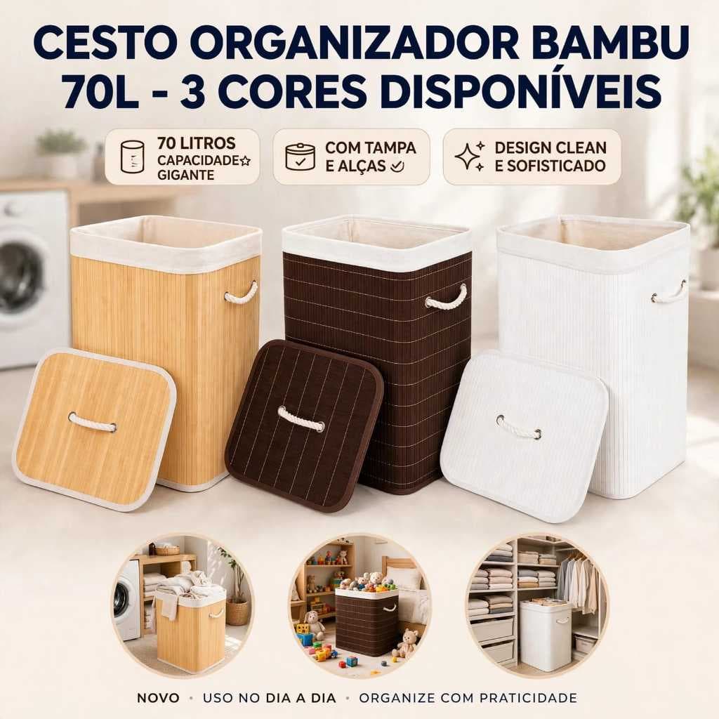 Cesto Roupa Suja Bambu 70L com Tampa e Alças Cesto Organizador Lavanderia Quarto Banheiro Closet Roupas Brinquedos