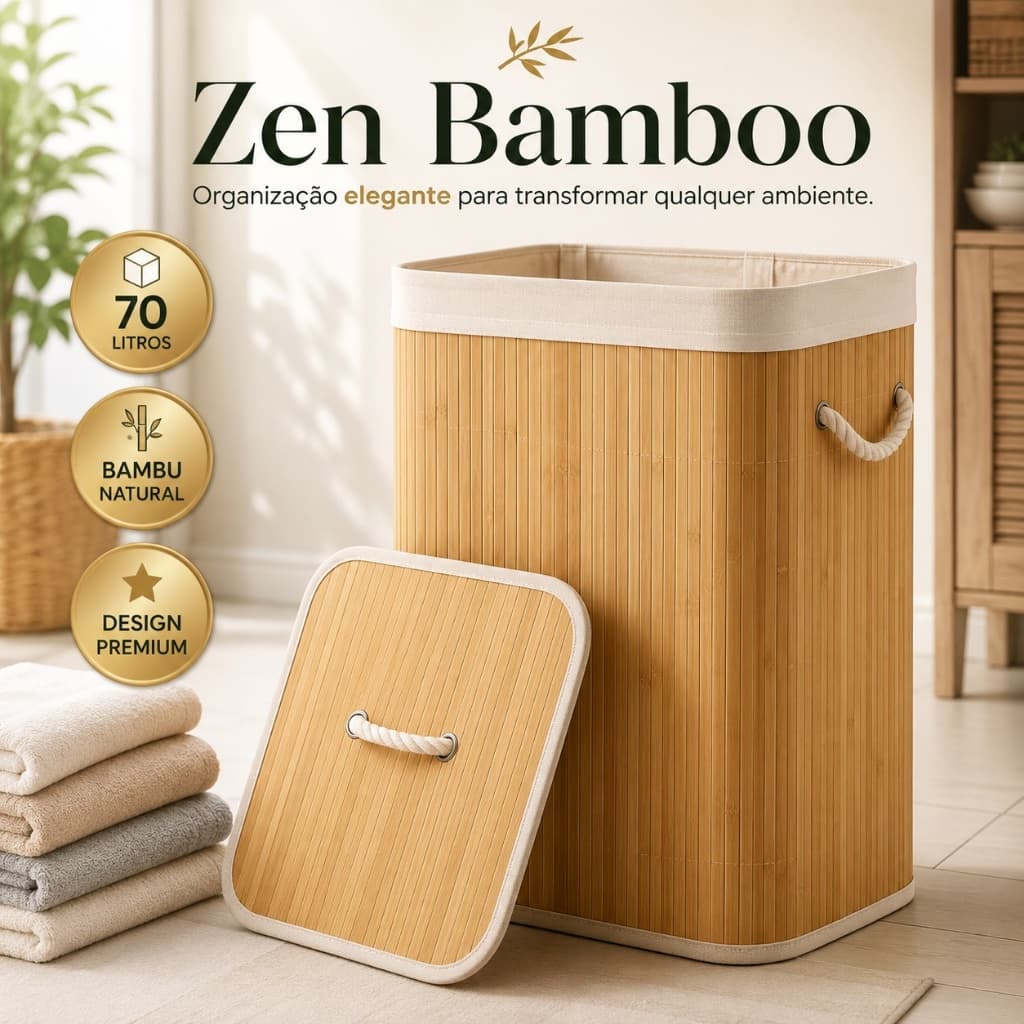 Cesto Organizador de Bambu 70L com Tampa e Alças para Roupas Lavanderia Banheiro Zen Bamboo