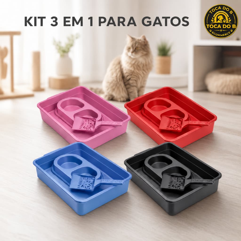 Kit Caixa de Areia para Gatos 3 em 1 com Pá Higiênica Comedouro Duplo Bandeja Sanitária