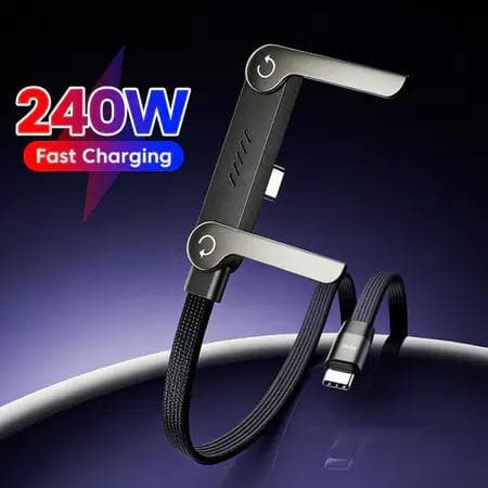 Cabo Carregador USB-C 2 em 1 240W – Carregamento Rápido com Suporte Dobrável para Celular, Tablet e Notebook