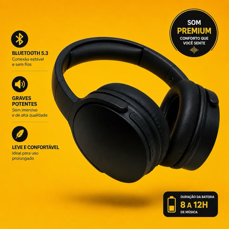 Fone de ouvido Headphone Bluetooth Sem Fio Academia Corrida Treino Over-ear Headset Graves Potentes com Microfone