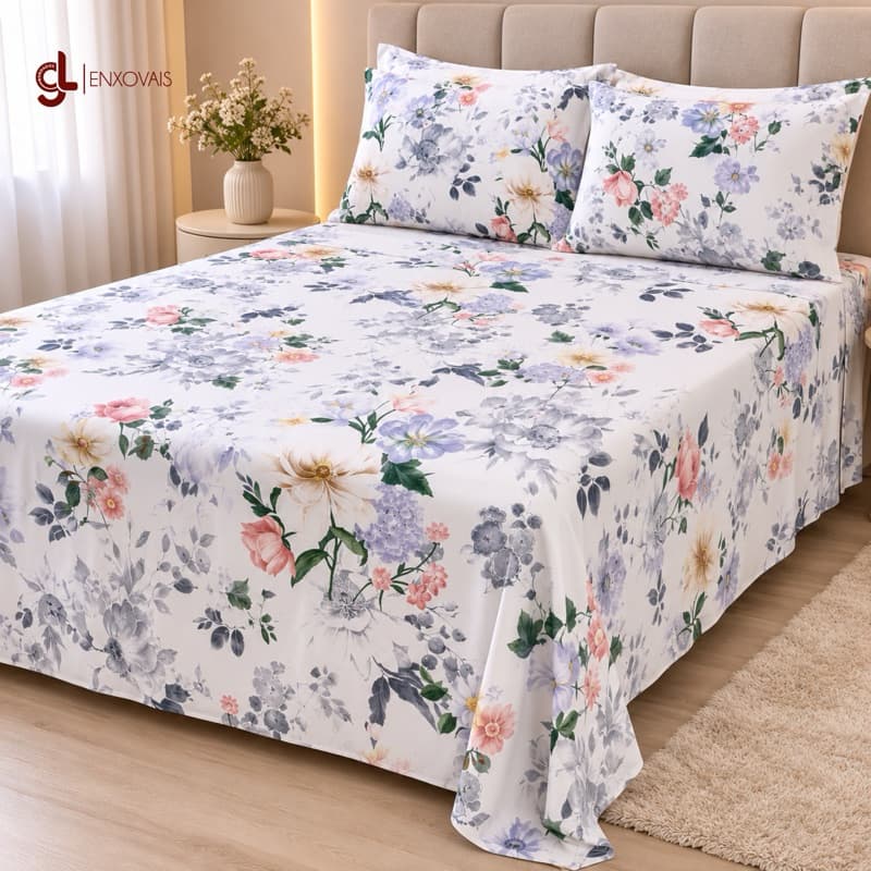 Lençol Casal 500 Fios 3 Peças Estampado | Jogo de Cama Casal e Queen 2 Fronhas Macio
