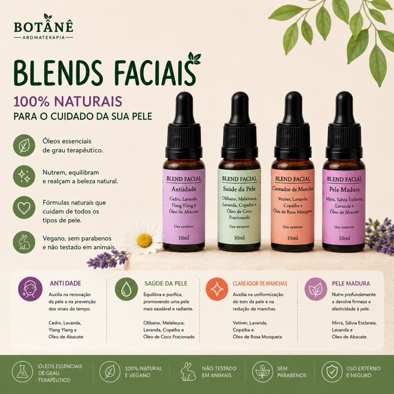 Blend Facial De Óleos Essenciais, Todos Os Tipos De Pele - Pele Madura, Saúde da Pele, Anti Idade e Clareador de manchas