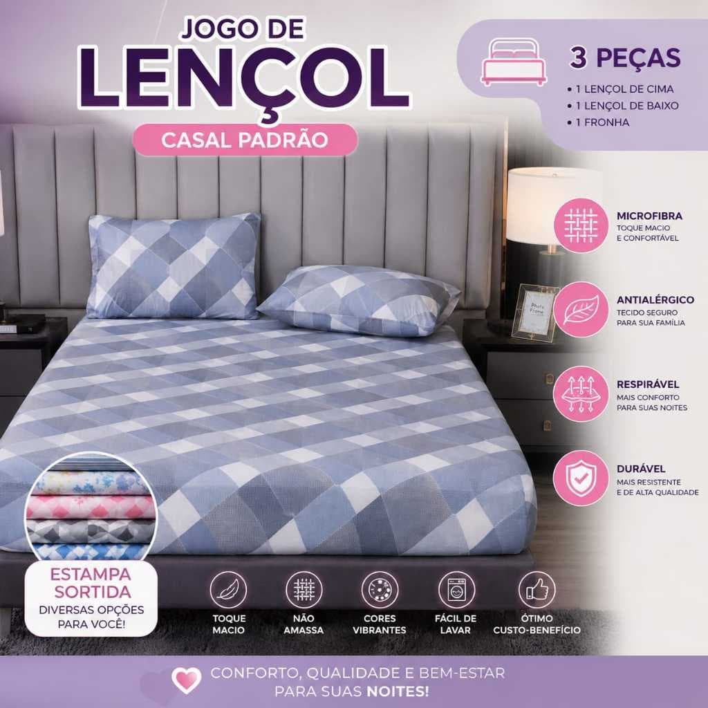 Jogo de Lençol Casal Padrão 3 Peças Microfibra Antialérgico - Estampa Sortida